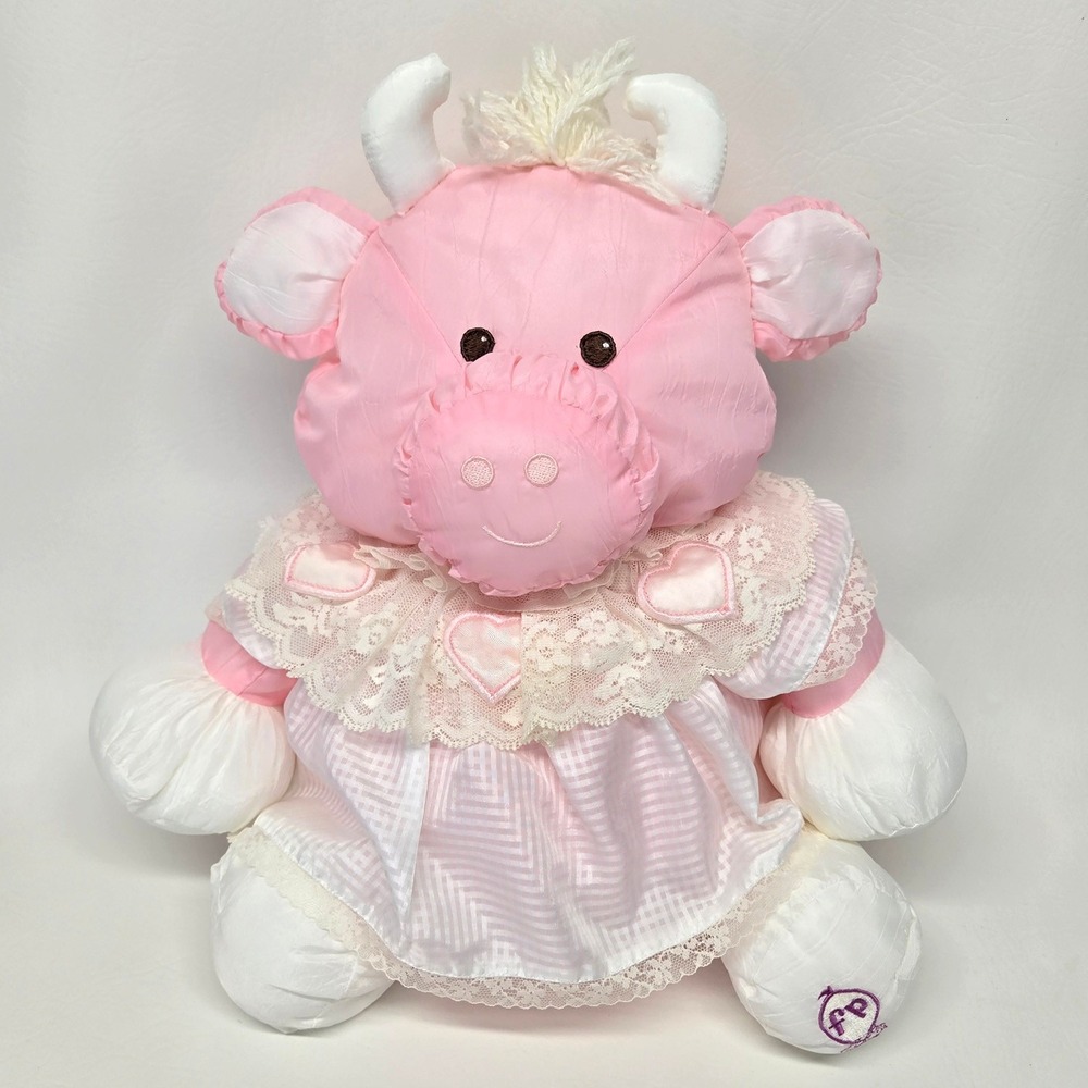 Fisher Price Puffalumps Pink Cow 1986 Plush Heart White Dress No Tail Yarn 8001